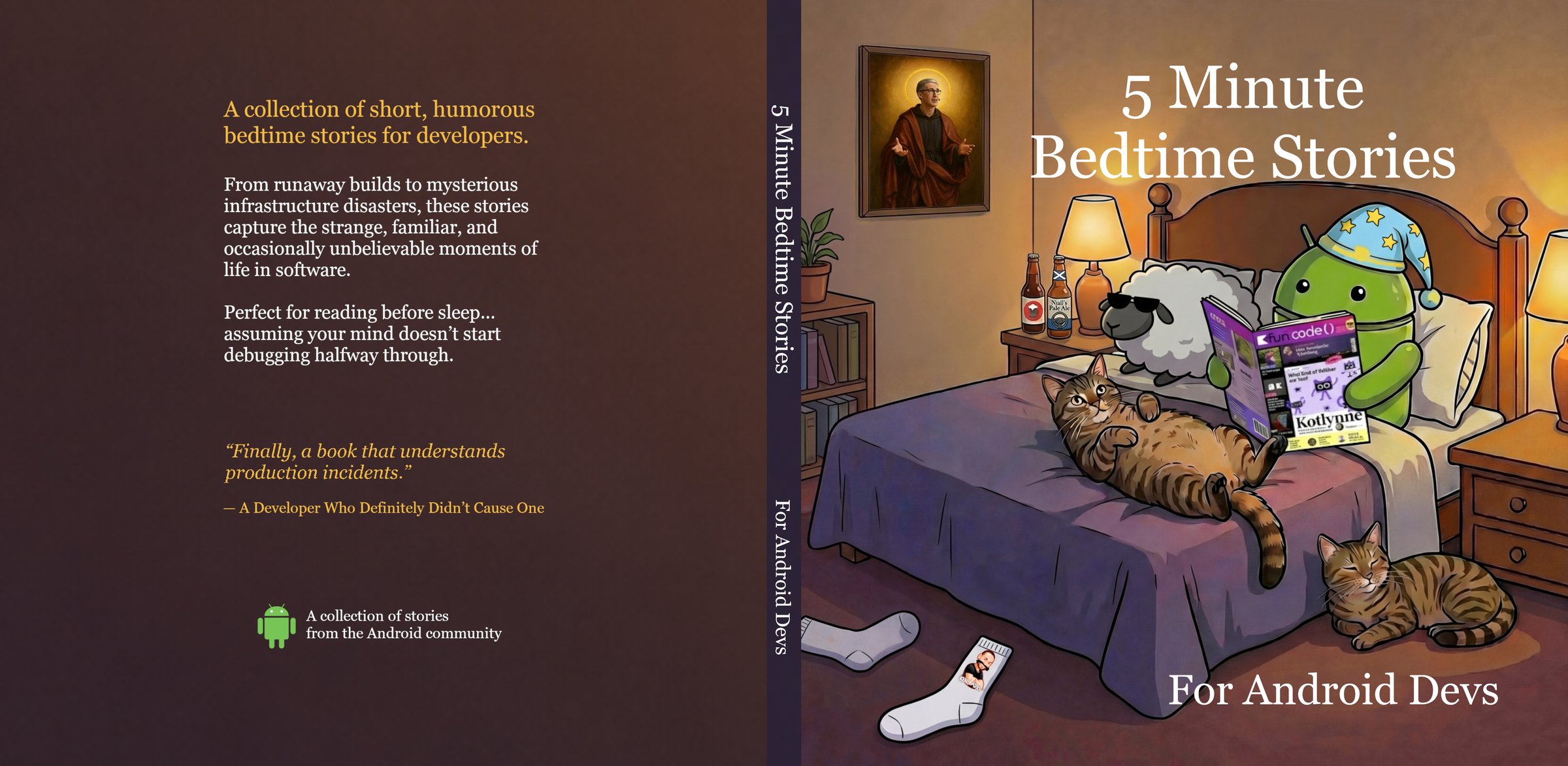 Back cover, spine, and front cover of 5 Minute Bedtime Stories For Android Devs