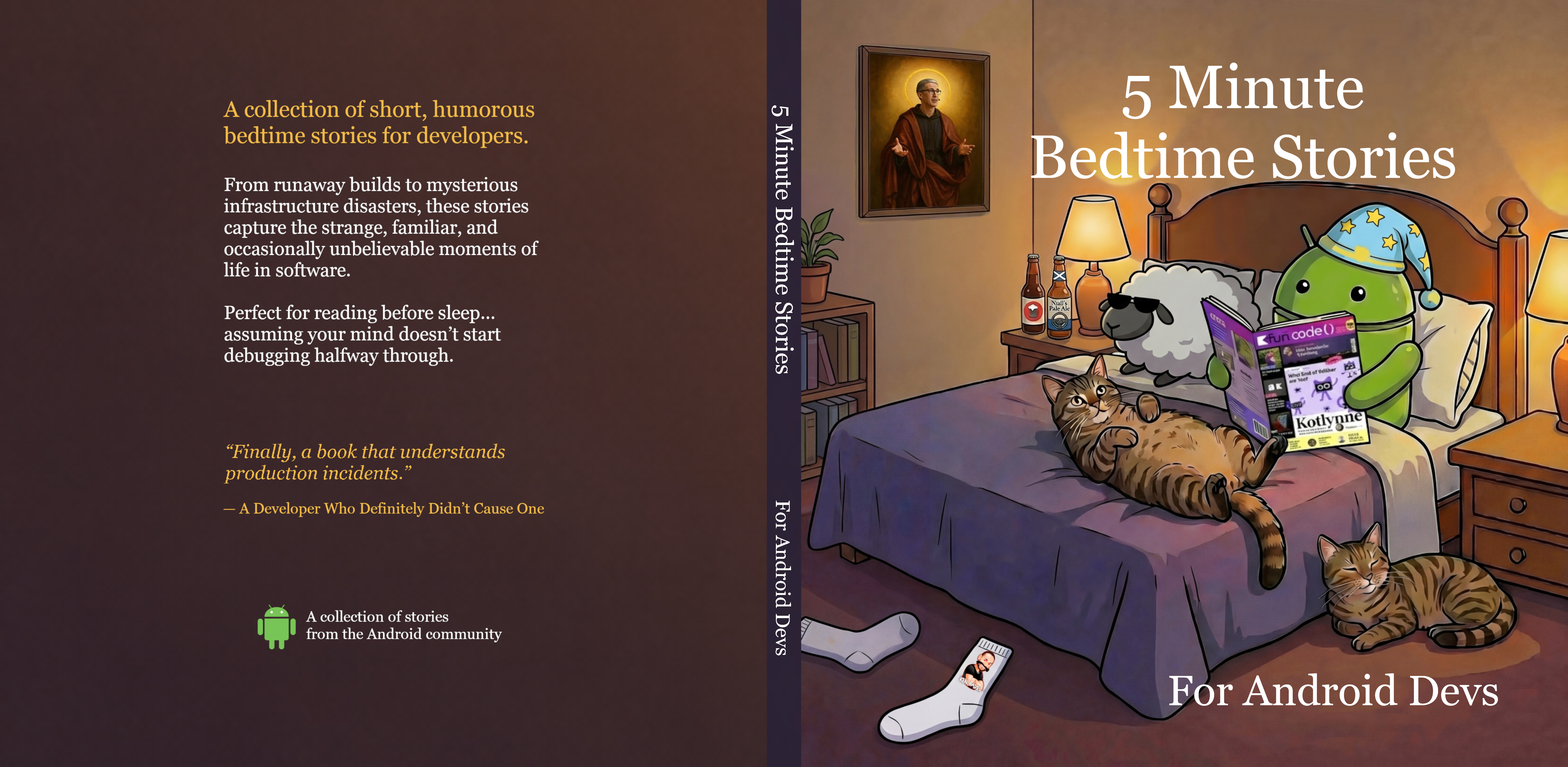 Back cover, spine, and front cover of 5 Minute Bedtime Stories For Android Devs
