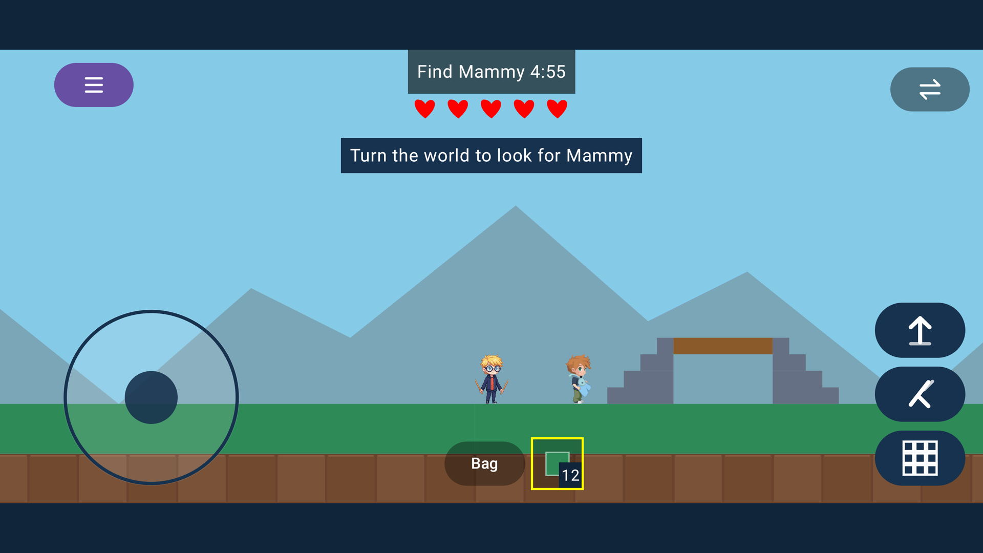 Leo and Ian exploring together beside a stone bridge in actual two-player Android gameplay